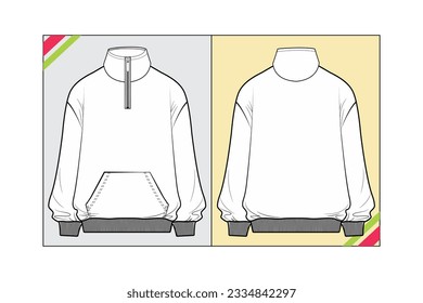 UNISEX ROLLNECK JACKET WITH POCKET AND QUARTER ZIPPER SKETCH FASHION TEMPLATE TECHNICAL DRAWING ILLUSTRATION