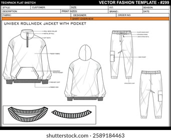 UNISEX ROLLNECK KAGAROO POCKET AND QUARTER ZIPPER SKETCH FASHION TEMPLATE TECHNICAL DRAWING ILLUSTRATION