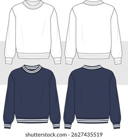 Unisex Round Neck Striped Sweatshirt with rib details fashion technical drawing, illustration. Flat sketch template. Jersey sweatshirt, front and back view, Cad, Mockup.