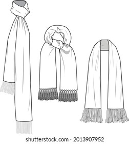 Unisex Scarves Set. Ilustración técnica del pañuelo de moda. Plantilla de la bufanda de prendas planas, frontal y posterior, de color blanco. Un simulacro de CAD de Unisex.