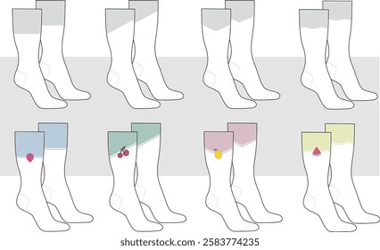 Unisex set of socks with fruit embroidery. Full length Socks flat sketch fashion illustration drawing template, mock up, cad.