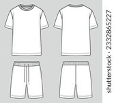 Unisex set. T-shirt round neck and sweat shorts with elastic waist. Oversize fit. Unisex style. Vector technical sketch. Mockup template.