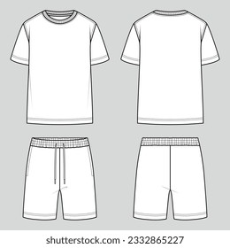 Unisex set. T-shirt round neck and sweat shorts with elastic waist. Oversize fit. Unisex style. Vector technical sketch. Mockup template.