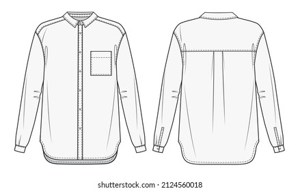 Unisex Shirt fashion flat drawing template. Owersize Shirt fashion design set template. Lounge wear fashion technical drawing.