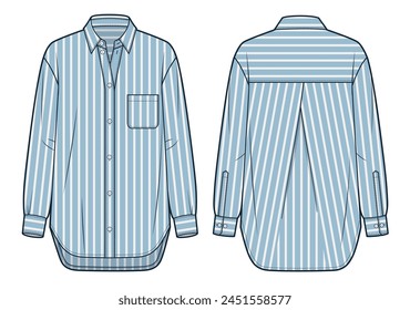 Camisa unisex de moda técnica Ilustración, patrón de rayas. Plantilla de dibujo técnico, Botón, oversize, bolsillo, vista posterior frontal, blanco, azul, mujeres, hombres, maqueta CAD unisex.