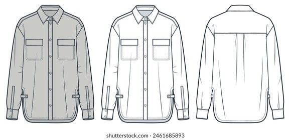 Unisex Shirt technical fashion Illustration. Classic Shirt fashion technical drawing template, button, side slit, oversize, pocket, front, back view, white, beige, women, men, unisex CAD mockup set. 