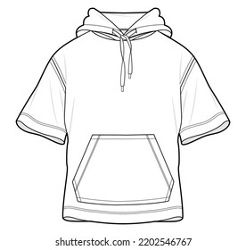 unisex short sleeve hoodie with pockets fashion flat sketch vector illustration. cad mockup.