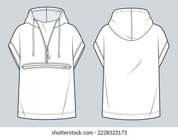 Unisex Short Sleeve Hoodie technical fashion illustration. Oversize Sweatshirt fashion flat technical drawing template, zip-up, pocket, front and back view, white, women, men, unisex cad mockup.