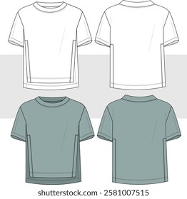 Unisex Short Sleeve Tee Shirt fashion flat technical drawing template. Slit T-Shirt vector, illustration, front and back view, relaxed fit, women, men, CAD, mockup.