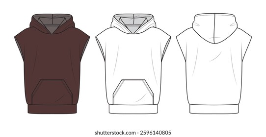 Unisex Sleeveless Hoodie Technical Fashion Illustration – Front and Back CAD Template