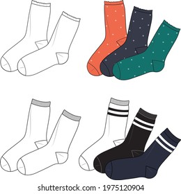 Unisex Socks Set. Technical fashion socks illustration. Flat apparel socks template front and back, white colour. Unisex CAD mock-up.