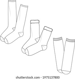 Unisex Socks Set  Technical fashion socks illustration  Flat apparel socks template front   back  white colour  Unisex CAD mock  up 