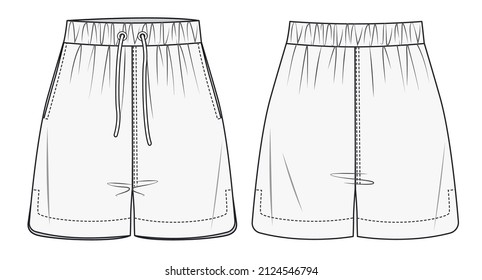 Unisex Sports Shorts Modeflaeche Vorlage. Sports Shorts technische Zeichnungen. Lounge Shorts Modedesign vorne und hinten.