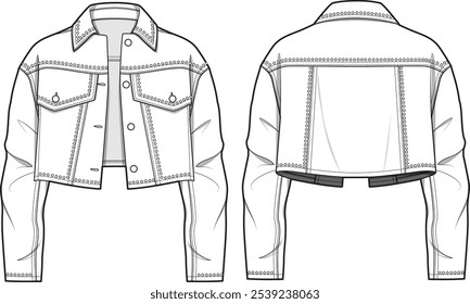 desenho de jaqueta com pregos unisex. Jaqueta de couro para motociclista. Ilustração de moda. Desenho técnico plano. Ilustração vetorial.