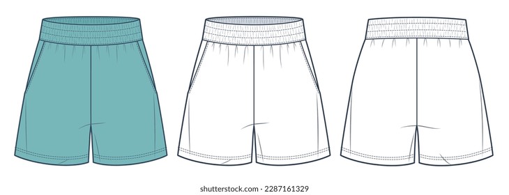 Unisex schwitzt Shorts technische Modegrafik. Short Pants Fashion flach Vorlage, elastische Taille, Front- und Rückansicht, weiß, grüne Farbe. Sportswear Women, men, unisex CAD mock up.