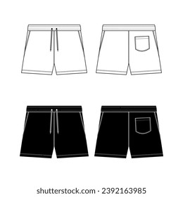 Unisex schwitzt Shorts technische Modegrafik. Short Pants Fashion flach Template, elastische Taille, vorne und hinten, weiße Farbe. Sportswear unisex CAD-Modell.