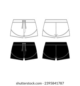 Unisex sweat Shorts technical fashion illustration. Short Pants fashion flat template, elastic waist, front and back, white colour. Sportswear unisex CAD mock-up.