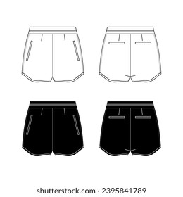 Unisex sweat Shorts technical fashion illustration. Short Pants fashion flat template, elastic waist, front and back, white colour. Sportswear unisex CAD mock-up.