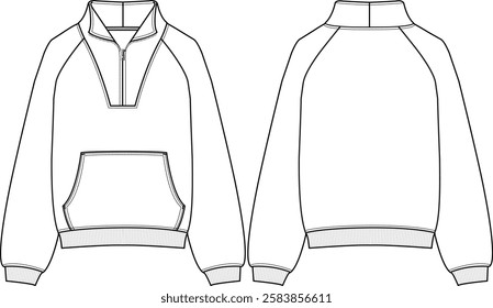 Unisex Sweater Raglan Pullover with Stand collar and quarter zip, kangaroo pocket, long sleeves, ribbed cuff and ribbed bottom band, sketch front and back, vectors