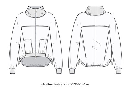 Unisex Sweatshirt design fashion flat sketch template  Hoodie sweat jacket and zipper  Hoodie Mockup template  Oversize Windbreaker fashion technical drawing template  	