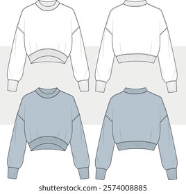 Unisex sweatshirt draw crew neck, sleeve hem and collar band camisole basic sweatshirt flat illustration, women's men's jersey top vector, mockup, CAD