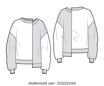 Unisex Sweatshirt moda CAD. Sudadera asimétrica de mujer con detalles de costilla moda planas de dibujo técnico plano.  Suéter de tela Jersey o trenzada con vista frontal, trasera, blanco y gris.