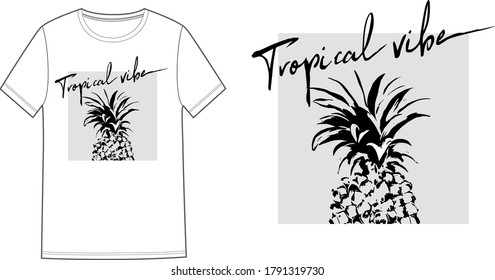 Unisex t shirt print design with graphic pineapple and text tropical vibe.