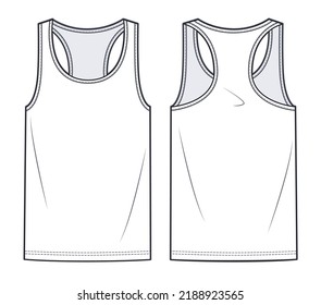 Unisex Tank Top technical fashion illustration. Jersey Tank Top technical drawing template, crew neckline, front, back view, white colour, women, men, unisex CAD mockup.