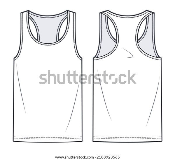 Unisex Tank Top technical\
fashion illustration. Jersey Tank Top technical drawing template,\
crew neckline, front, back view, white colour, women, men, unisex\
CAD mockup.