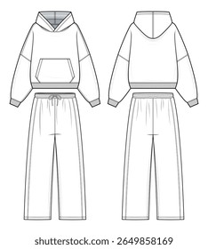 Unisex Tracksuit Set Technical Fashion Illustration. Hoodie and Jogger Pants Vector Template. Kangaroo Pocket. Ribbed Cuffs and Hem. Front and Back design. Casual Athleisurewear. CAD Mockup set.