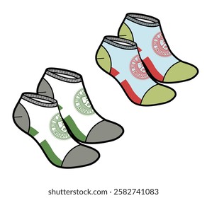 Unisex trainer socks technical flat design vector mockup template.