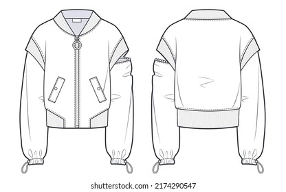 Unisex transformer Bomber Jacket fashion flat technical drawing template  Girl's Bomber Jacket template front   back  white color  rib collar   hem 