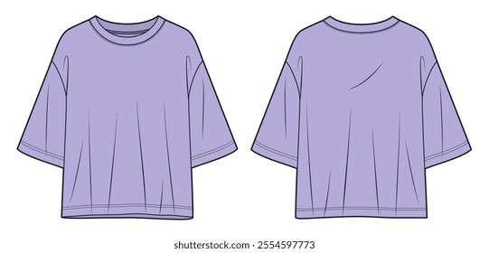 Unisex T-Shirt fashion design. Half Sleeve T-Shirt technical fashion illustration, oversize, front and back view, lilac, women, men, unisex Top CAD mockup.