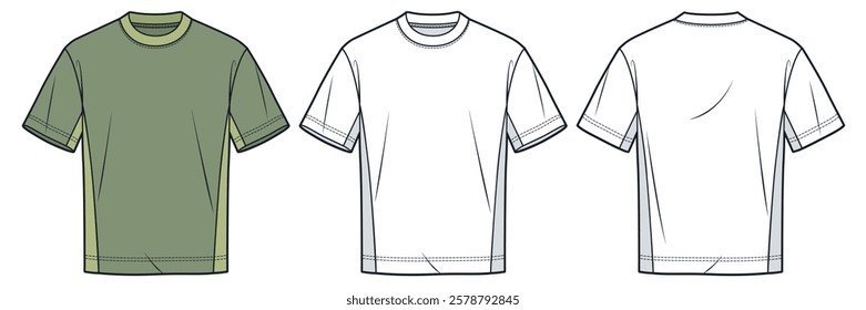 Unisex T-Shirt fashion flat technical drawing template. Green Tee Shirt technical fashion illustration, relaxed fit, multicolor, front and back view, white, women, men, unisex CAD mockup.
