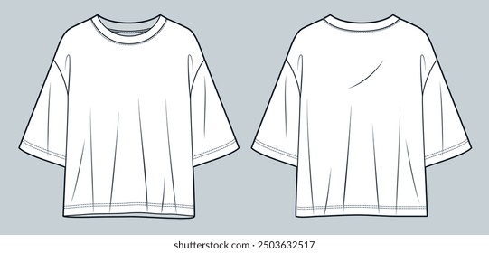 Camiseta unisex de moda plana técnica Plantilla de dibujo. Ilustración técnica de la moda de la camiseta de la manga media, oversize, vista frontal y posterior, blanco, mujeres, hombres, maqueta unisex de Top CAD.