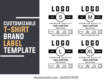 Unisex T-Shirt Label Tag Template Set with Size Variants and Care Instructions. Editable Clothing Branding Design