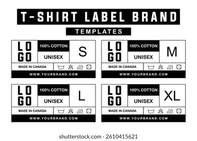 Unisex T-Shirt Label Template Set. Editable Cotton Garment Tags with Size and Washing Instructions