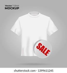 Unisex t-shirt mock up with sale sticker. 3d realistic shirt template for online market landing page. White tee mockup, front view design with empty place for your print. - Vector sport uniform