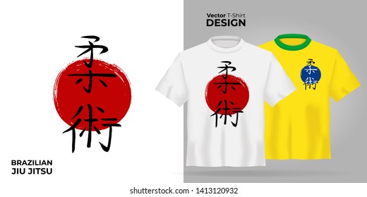 Unisex t-shirt mock up set with japanese hierogliph - brazilian jiu jitsu. 3d realistic shirt template. Yellow and white tee mockup, front view design japan martial bjj art print. - Vector