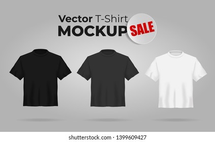 Unisex t-shirt mock up set with sale sticker. 3d realistic shirt template for online market landing page. Black, gray and white tee mockup, front view design with empty place for your print. - Vector