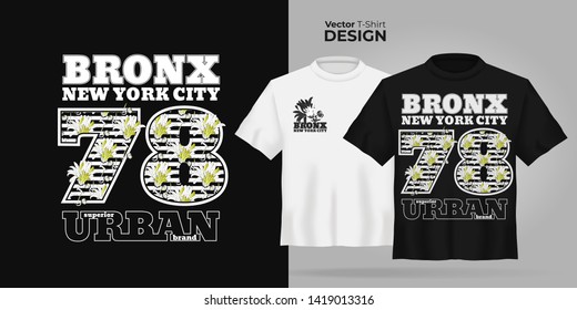 Unisex t-shirt mock up set with type Bronx new york city. 3d realistic shirt template with Grunge flower number 78. Black and white tee mockup, front view design abstract art print. - Vector