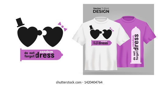 Unisex t-shirt mock up set with type Do not forget to dress condom. 3d realistic shirt template with motivation poster with puzzle man and woman have sex. Pink and white tee mockup, front view design