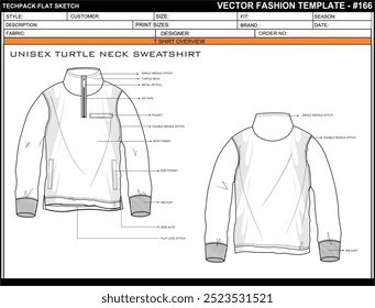 UNISEX TURTLE NECK SWEATSHIRT FLAT SKETCH FASHION TEMPLATE TECHNICAL ILLUSTRATION