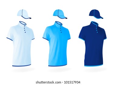 Unisex uniform template set: polo shirts and baseball caps.