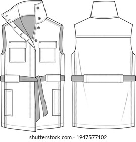 Unisex Utility, Belted Waistcoat. Waistcoat technical fashion illustration. Flat apparel vest template front and back, white color. Unisex CAD mock-up.