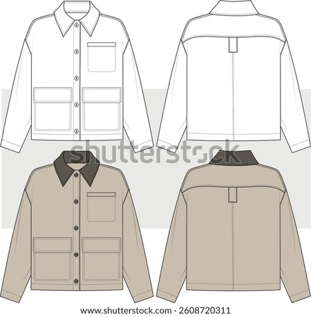 Unisex utility Cargo Jacket, workers jacket fashion technical drawing illustration, vector. front and back view, men women jacket. cad, mockup. Mens Chore Coat Worker Jacket.