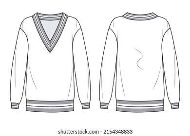 Unisex V-neck Sweatshirt fashion CAD. Woman  Sweatshirt with rib details fashion flat technical drawing template.  Jersey or woven fabric sweatshirt with front, back view, white color.