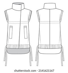  Unisex Waistcoat technical fashion illustration. Flat apparel vest template front and back, white color. Unisex CAD mock-up.
