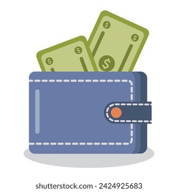 A unisex wallet, more on the masculine side, made of denim fabric with white stitching, in shades of blue, with generic green bills and money symbols coming out of it in vector illustration