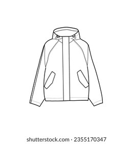 Unisex waterproof jacket technical fashion illustration drawing template, pocket, front, unisex CAD mockup